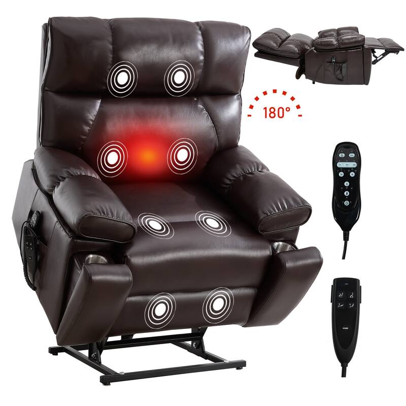 Leatheraire Heat Massage Dual Motor Infinite Position Up to 350 LBS Large Electric Power Lift Recliners with Hidden Cup Holders