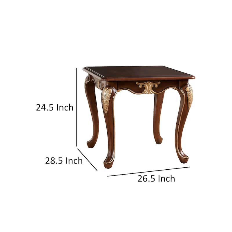 Saili Side End Table, Gold Carvings, 29 Inch, Cabriole, Tobacco Brown Wood