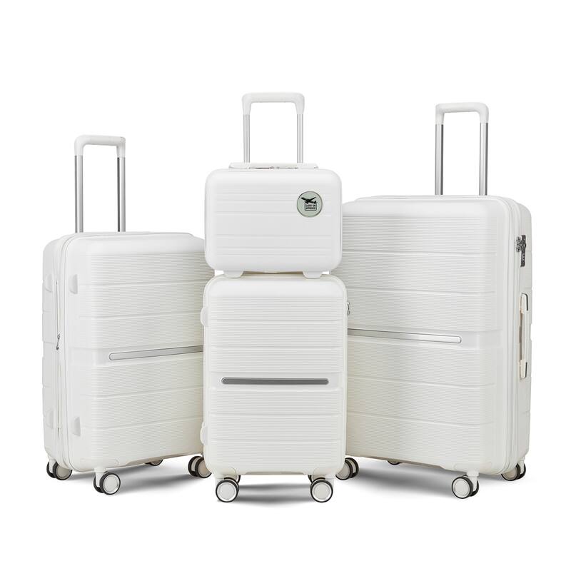 4 Piece Luggage Sets(14/20/24/28), PP Lightweight Expandable Suitcase Set with Spinner Wheels and TSA Lock - White