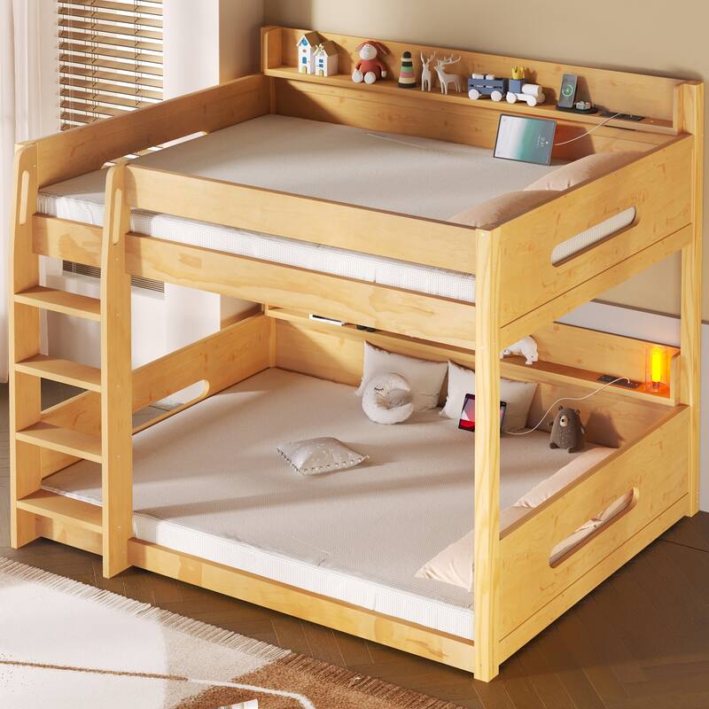 GDFStudio - TwinPeak Modern Wooden Queen over Queen Bunk Bed with Storage Shelves and USB Ports