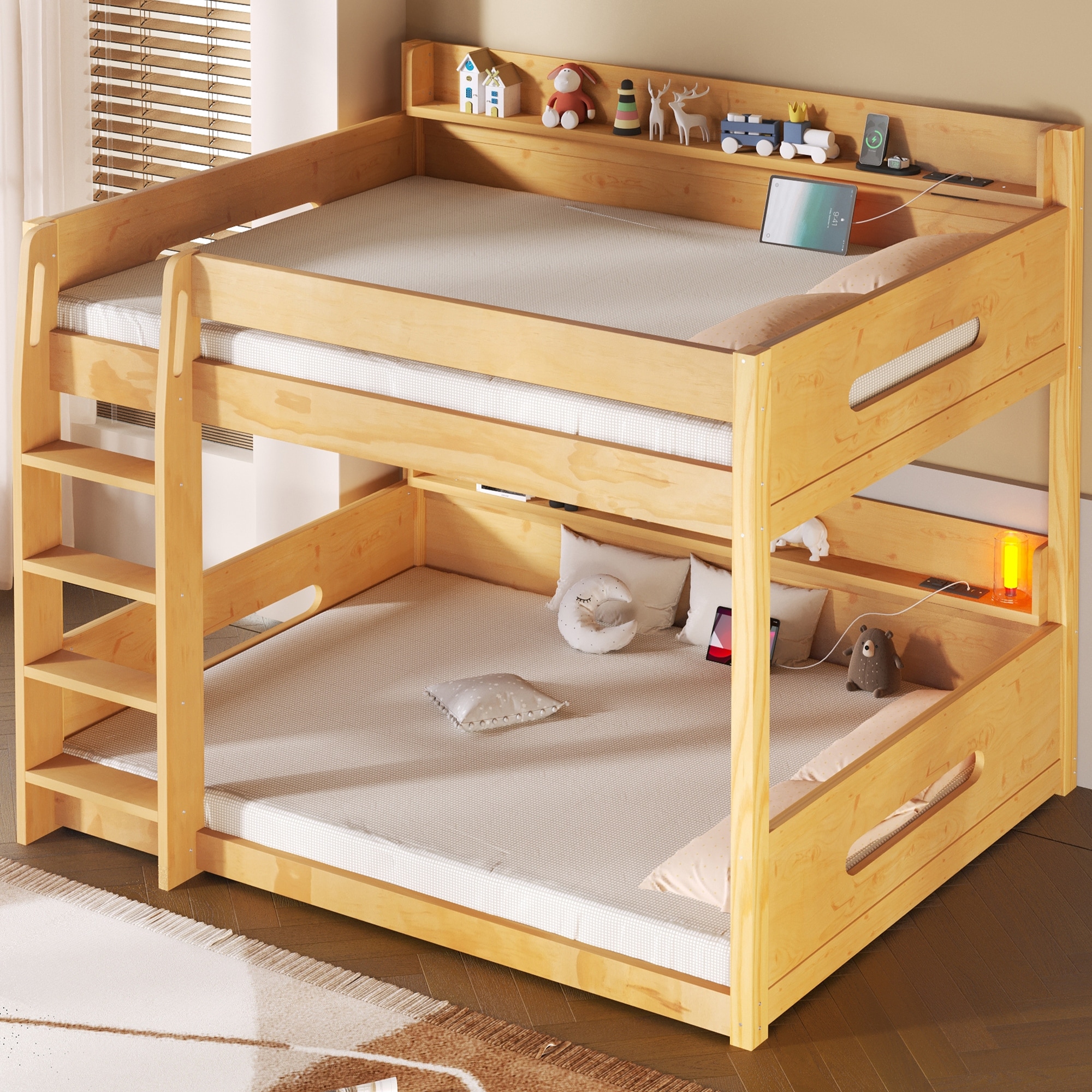 Queen Over Queen Bunk Bed with Built-In Storage Shelves and USB Charging Ports, Wooden Floor Bunk Bed Frame with Safe Guardrails