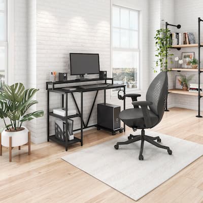 Modern Industrial Computer Desk with Two Open Shelves, Elevated Storage, and Accessory Holder for Home Office Organization