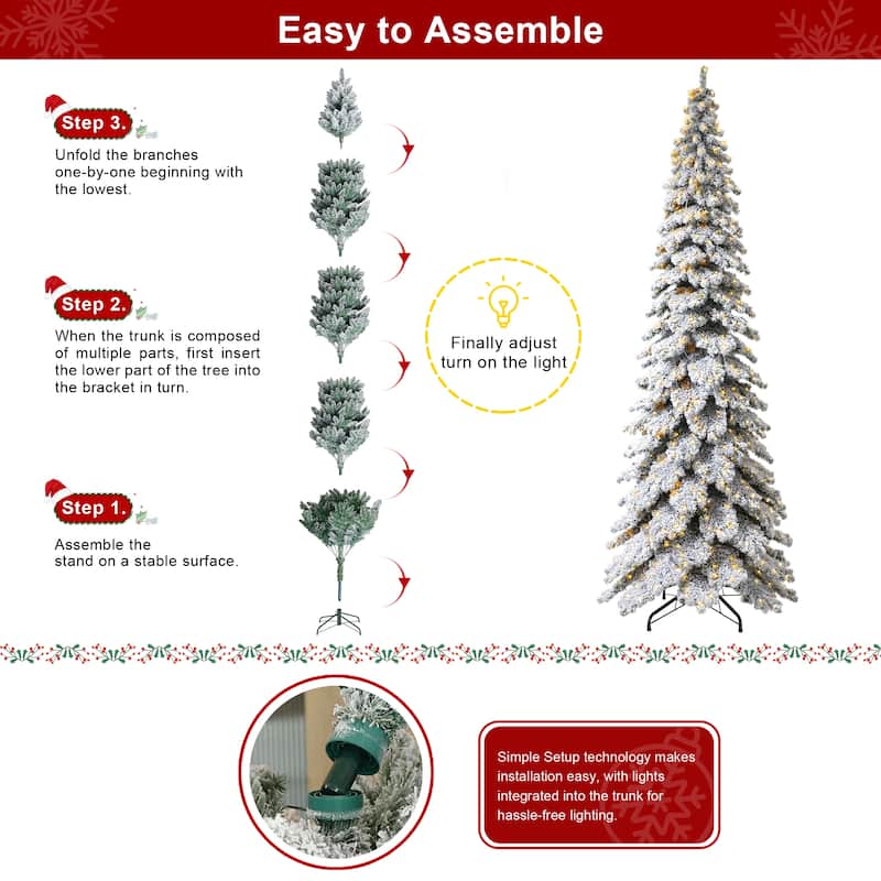 Glitzhome 12ft Pre-Lit Flocked Slim Spruce Artificial Christmas Tree with 900 Lights
