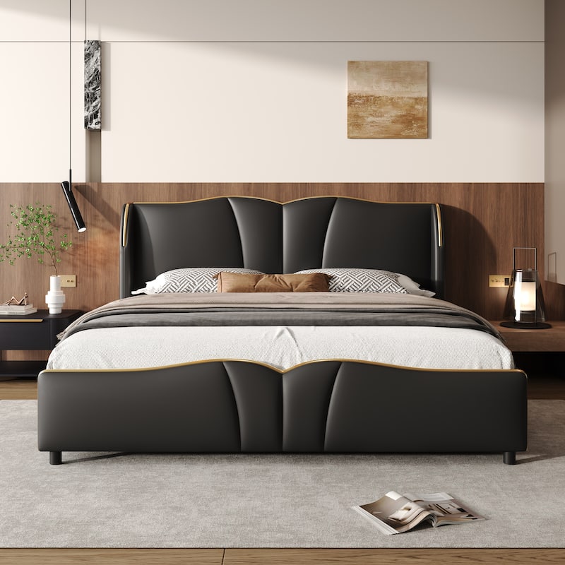 Modern King Size Upholstered Bed Frame with Wingback Headboard & Wavy Footboard, No Box Spring Needed, Black - Black