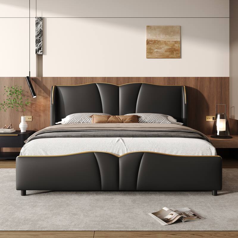 PU Leather Upholstered Bed Wingback Bed, Platform Bed Frame with Wave-Shaped Headboard & Footboard