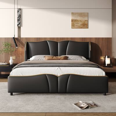 Roomfitters Queen Size PU Upholstered Platform Bed Frame with Wingback Headboard and Wavy Footboard, Modern Leather Bed