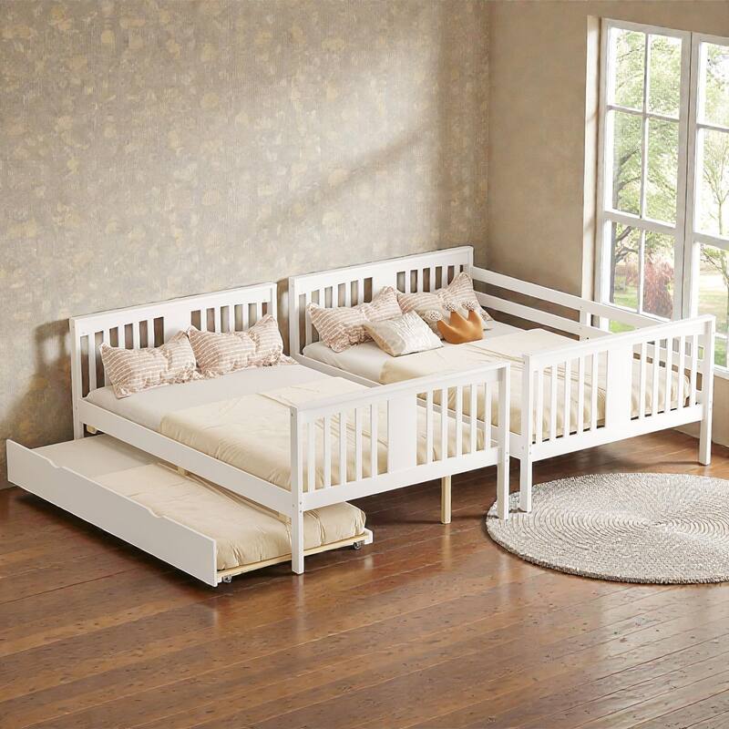 Full over Full Bunk Bed with Twin Trundle, Solid Wood Frame, Safety Guardrails & Ladder, Convertible into Two Beds