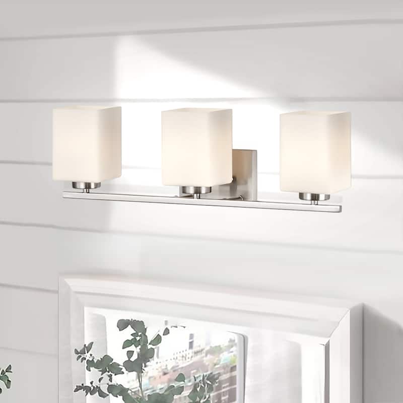 Brushed Nickel Indoor Bathroom Vanity Lights with Etched White Glass Square Rectangle Shades