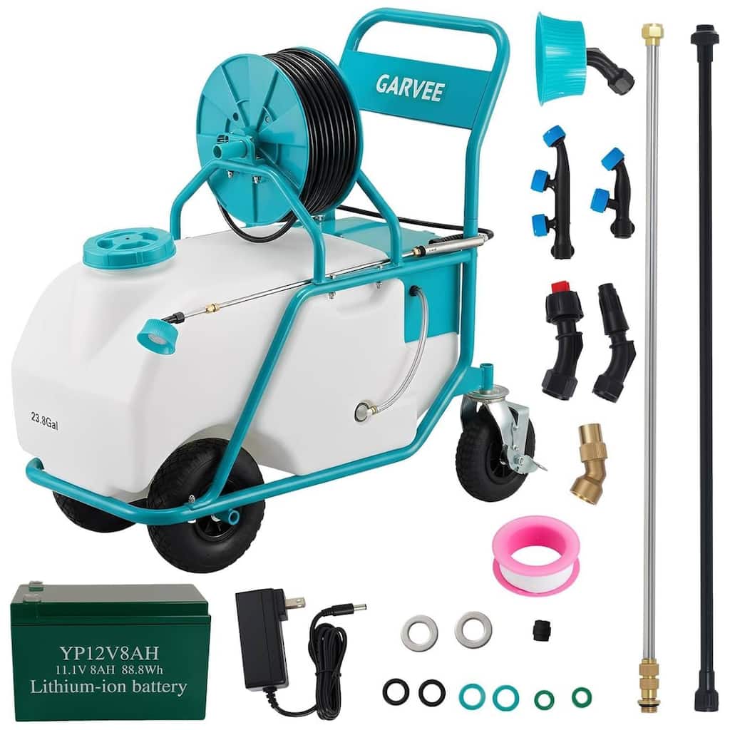 24 Gallons Battery Powered Backpack Sprayer with Wheeled Cart, 6 Nozzles & 2 Wands - N/A