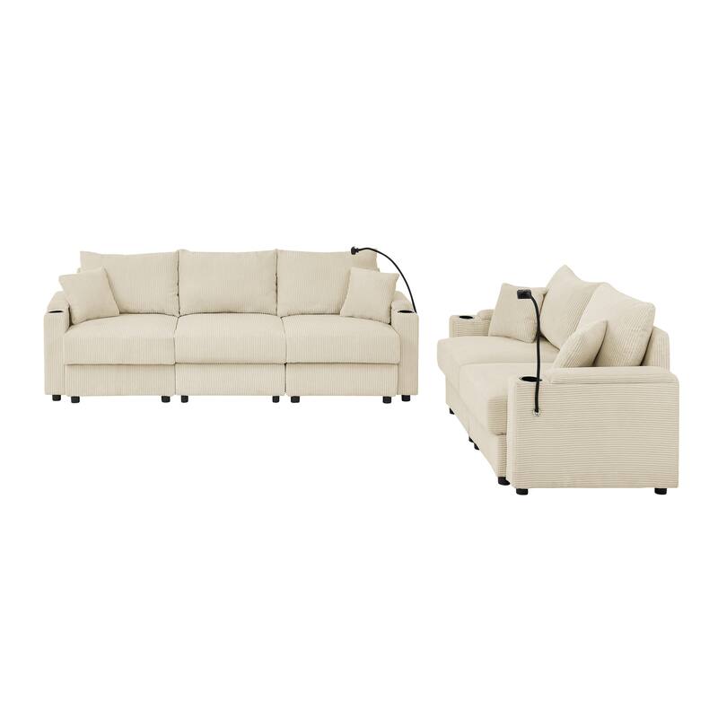 Deep Seat Loveseat Sofa & 3 Seater Couch Set, Corduroy Upholstered Storage Sofa with Cup Holders and Phone Stands, 2pc