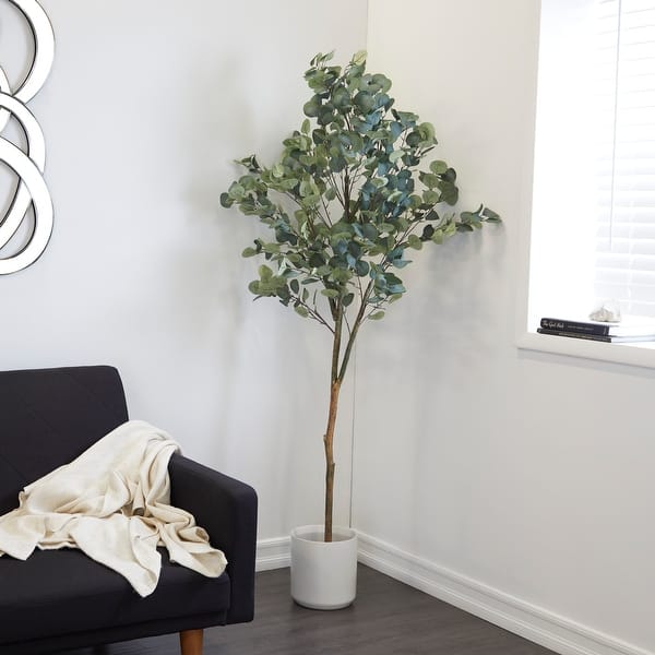 slide 2 of 16, Green Faux Foliage Eucalyptus Artificial Tree with Realistic Leaves and Black Plastic Pot 45.00 x 45.00 x 70.00 - Green