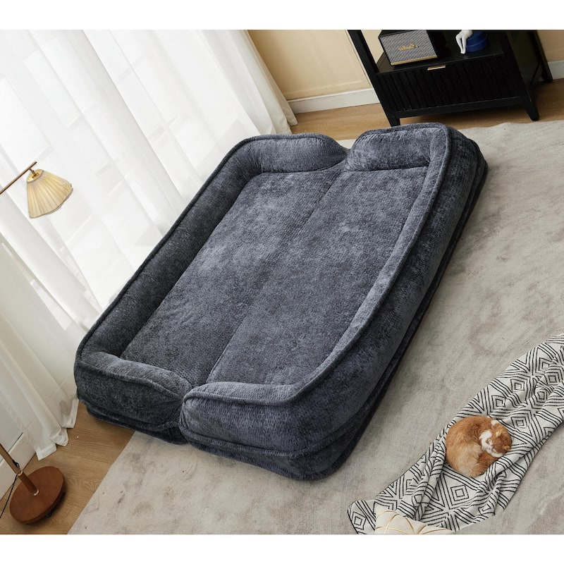 Pet Friendly Lazy Loveseat Sofa 2-in-1 Chenille Floor Couch Double Human Sleeper Bed with 5 Adjustable Position, Plump Pillows