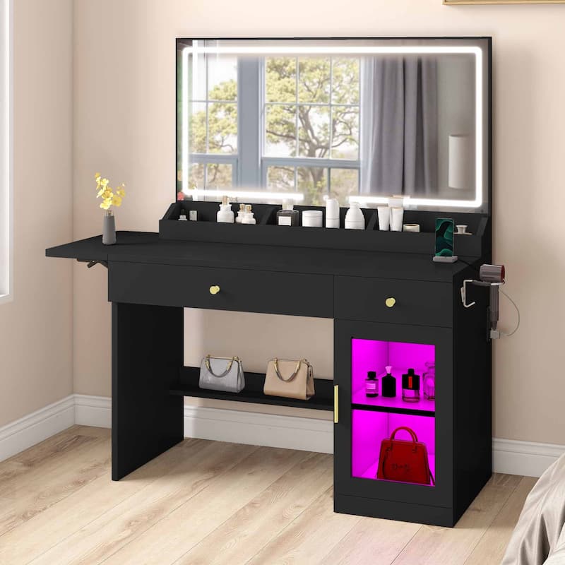 Moasis Makeup Vanity Desk with Mirror and RGB Lights & Extral Foldable Desk