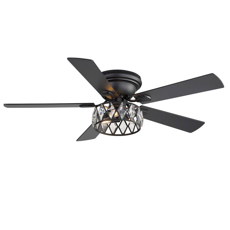 52" Flush Mount 5-Blade Modern Crystal Indoor Ceiling Fan with Light Kit and Remote