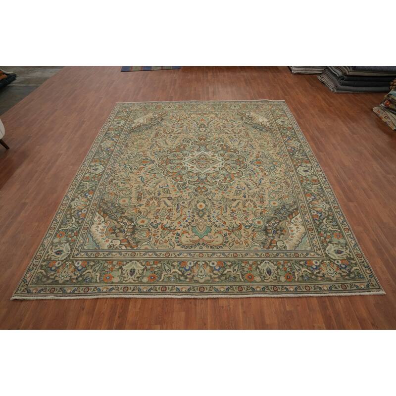 Hand Knotted Oriental 100% Wool Carpet Traditional Floral Beige & Ivories Tabriz Area Rug - 12' 5'' X 9' 10''