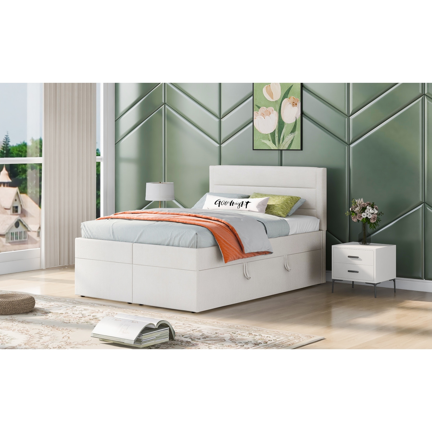 White queen bed with storage sales underneath