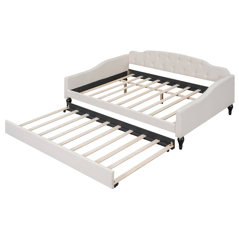 Roomfitters Full Upholstered Tufted Daybed with Pull-Out Twin Trundle for Compact Guest Setup, Beige