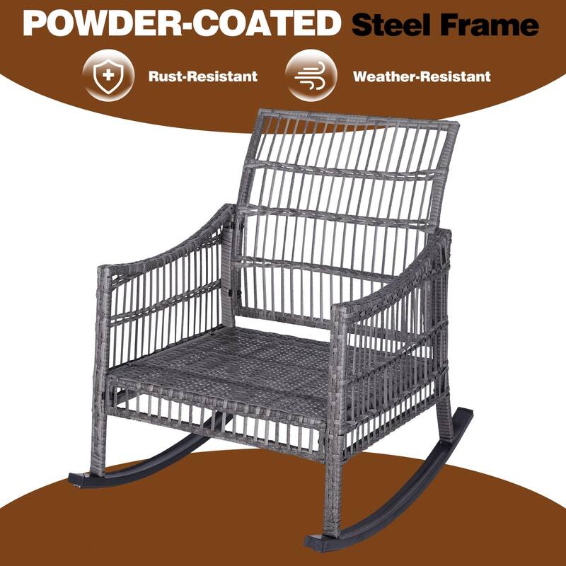 VEIKOUS 3-Piece Outdoor Wicker Patio Porch Rocking Chair and Rattan Coffee Table Set with Cushions and Pillows