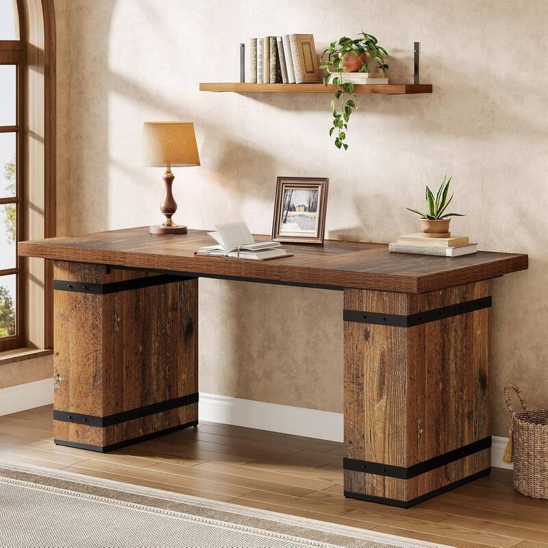 63 Inches Brown Engineered Wood Executive Desk, Mid-Century Modern Home Office Desk with Sturdy Pedestal