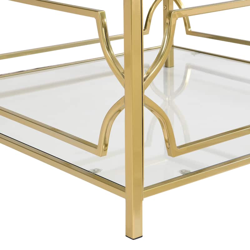 33.5" Square Glass Coffee Table, Modern Metal Frame Table with Tempered Glass Top & Lower Shelf, Luxury Living Room Accent Table