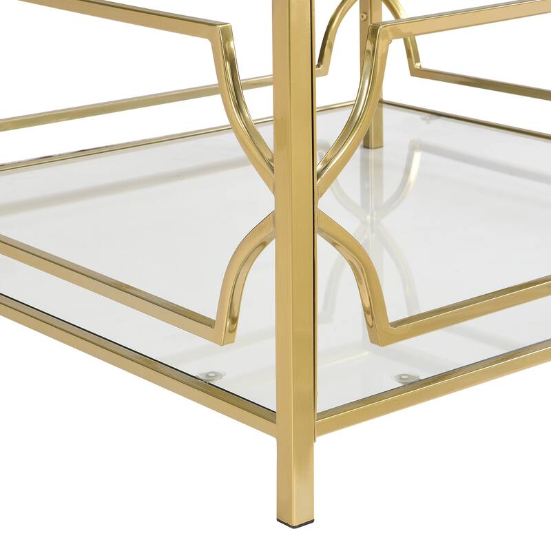 Luxe Square Glass Coffee Table with Geometric Gold Frame & Lower Display Shelf by Harper&Bright Designs