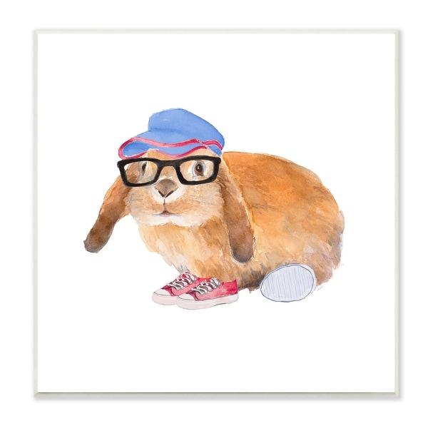 Stupell Baby Rabbit Glasses Blue Hat Playful Red Shoes Wood Wall