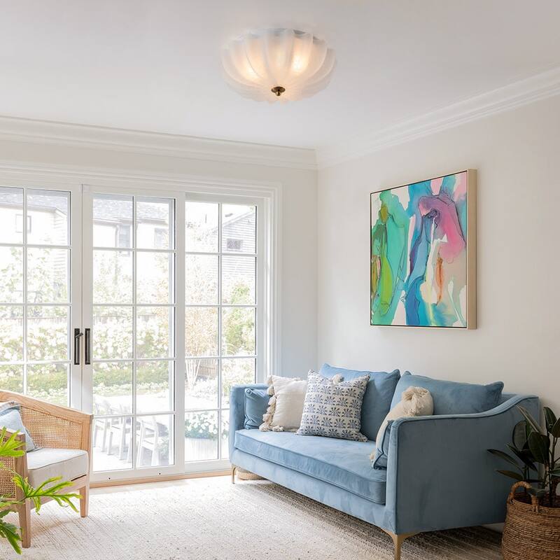 French Textured Frosted White Glass Scalloped Round Ceiling Light