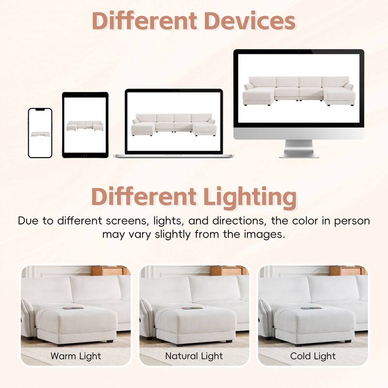 Modular Sectional Sofa Set with Petal Armrest Design External USB and Type-C Charger, Movable Ottoman, Chenille