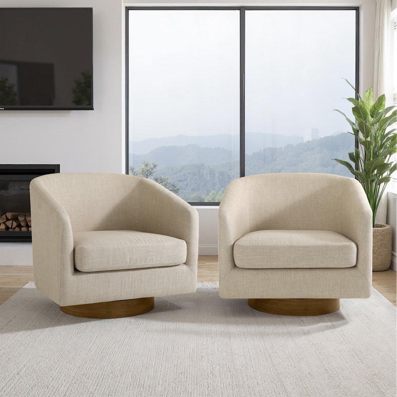2 Set Modern Wide Round Swivel Accent Barrel Chairs - Cotton Linen - Light Brown-Set of 2