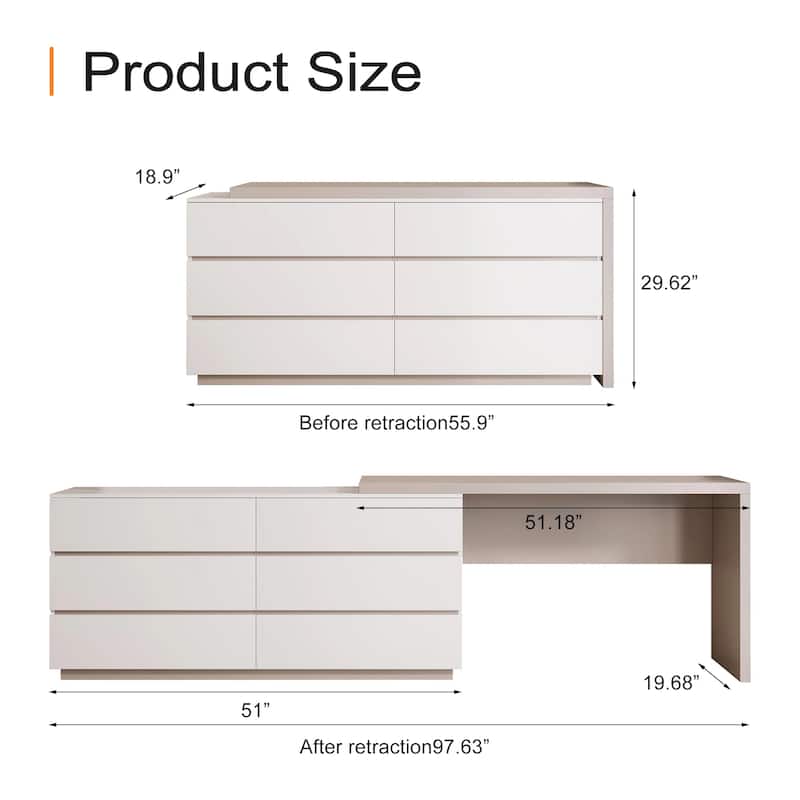 Modern Home Office Expandable Dresser Desk Combo with 6 Drawers