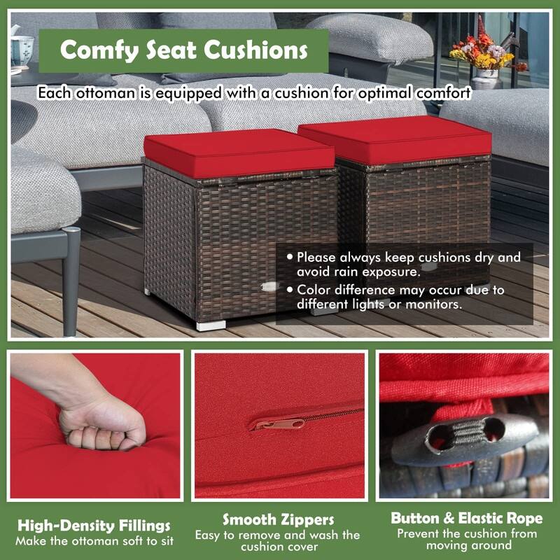 2-Pieces Patio Ottoman Set Outdoor Wicker Stool with Storage