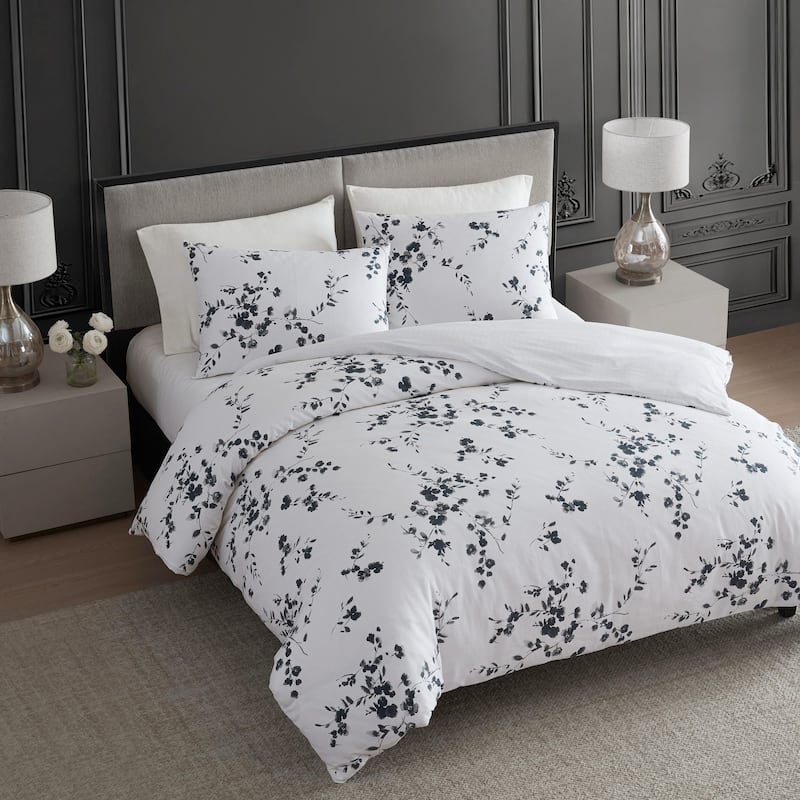 Vera Wang Noir Bouquet Botanical Print Cotton Sateen Duvet Cover Set (Grey, 3 Piece)