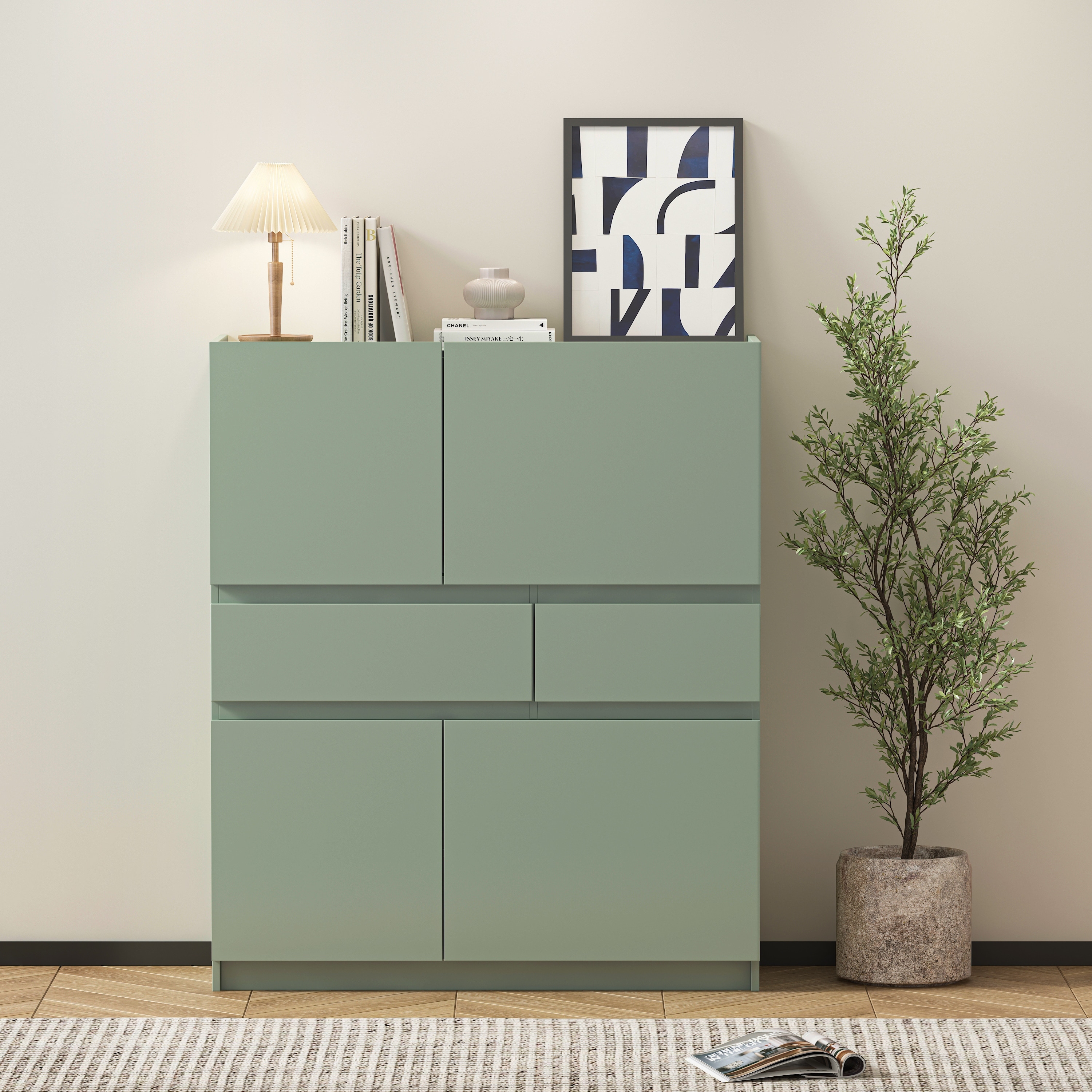 Modern Design Wooden Storage Cabinet With 4 Doors And 2 Drawers