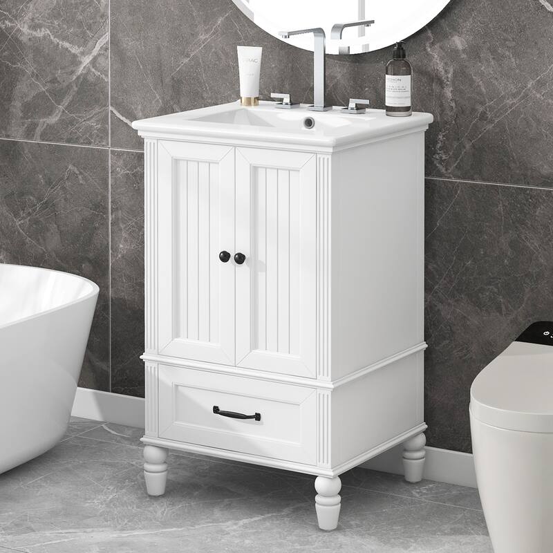 20" Bathroom Vanity with Sink, Bathroom Cabinet with Two Doors, Magnetic Door Stopper and Adiustable Foot Pads - White