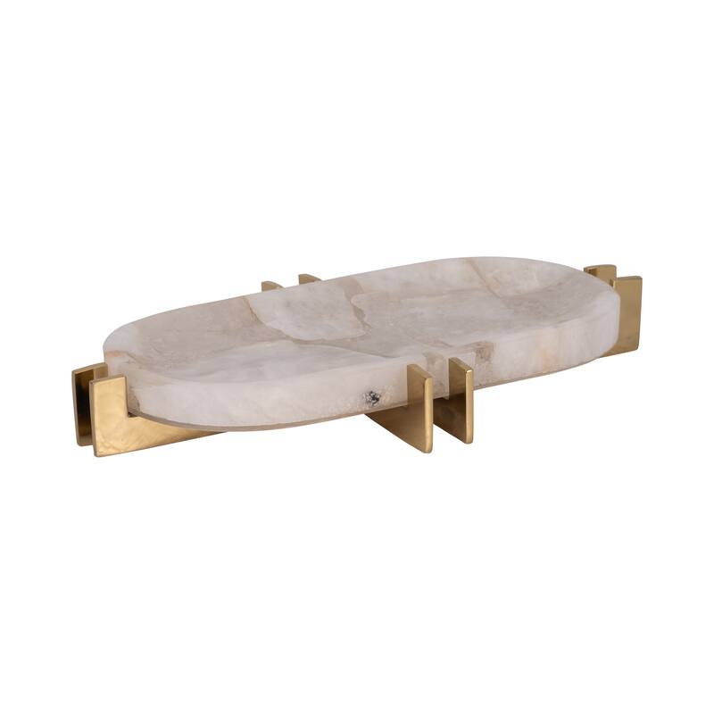 Sagebrook Home Quartz-Inspired 14" White Stone Tray With Gold Iron Details, Trays and Plates, Solid White - 14" x 8" x 2"