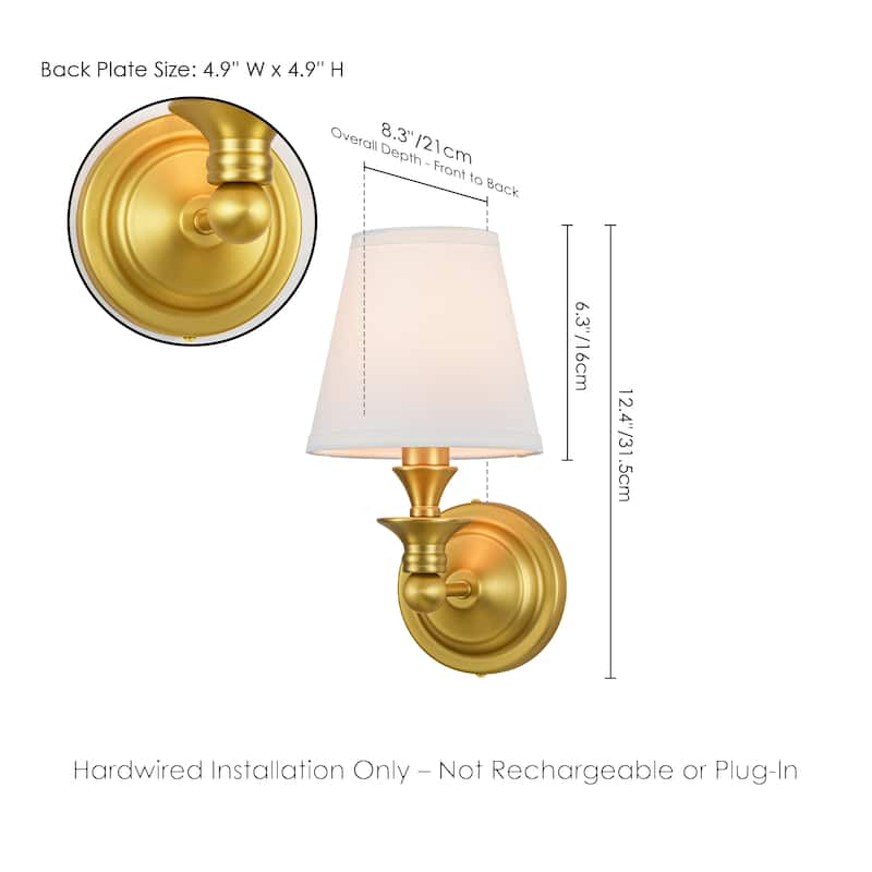 Rennnsan 1-Light Farmhouse Black/Gold Iron Wall Sconce with White Fabric Shade