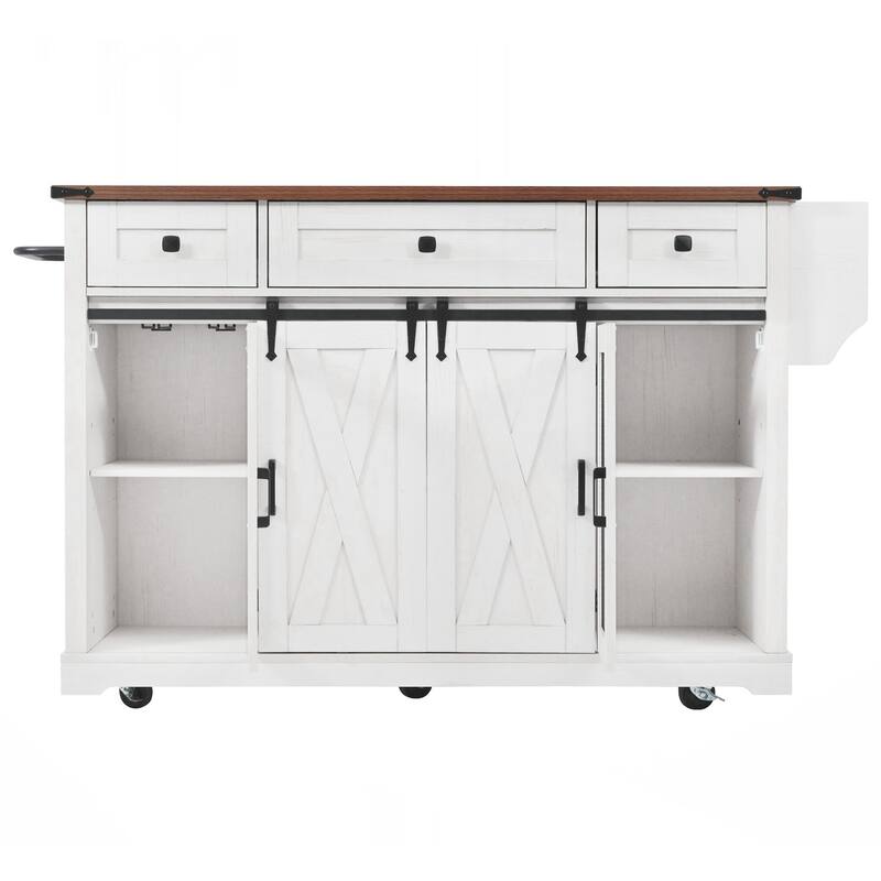 Farmhouse Kitchen Island with Storage, Rolling Kitchen Island on 5 Wheels with Spice Rack