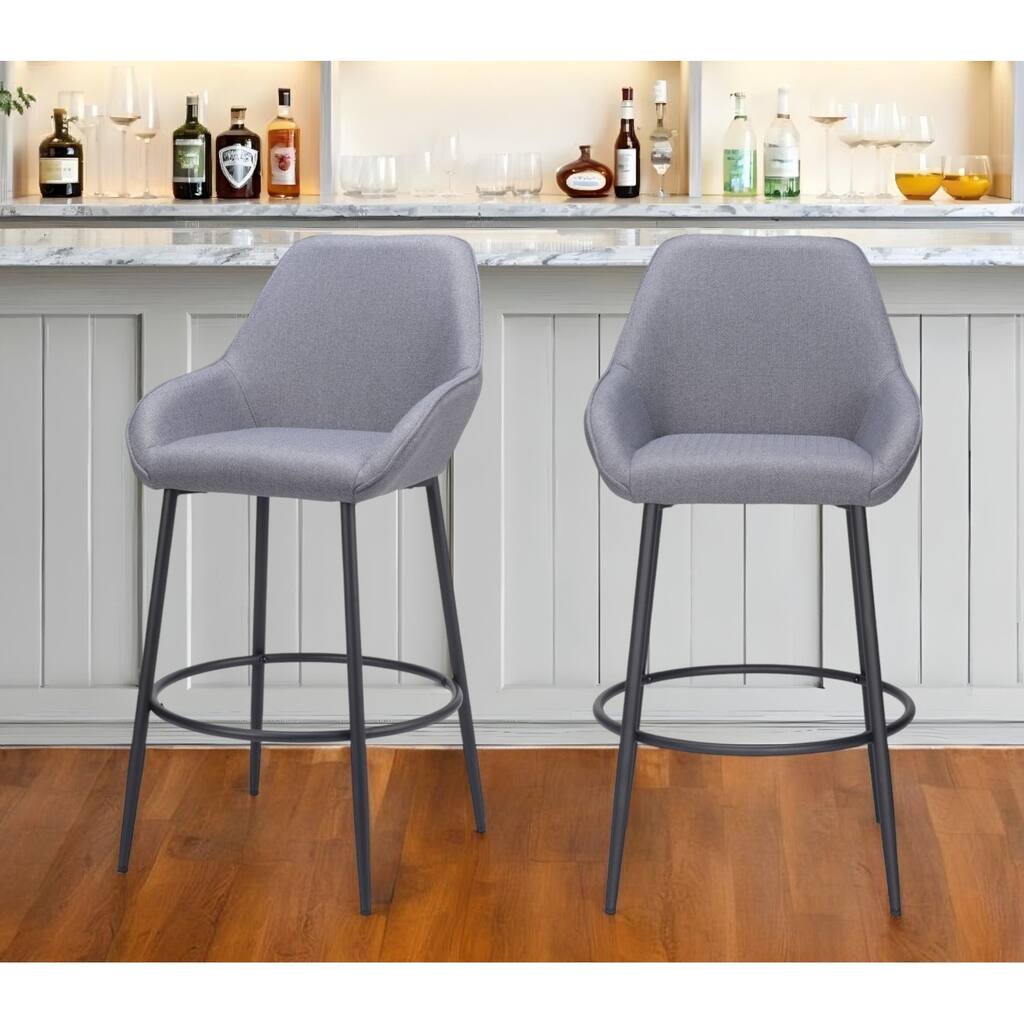 Set of Two 30" Gray And Black Fabric And Steel Bar Height Bar Chairs