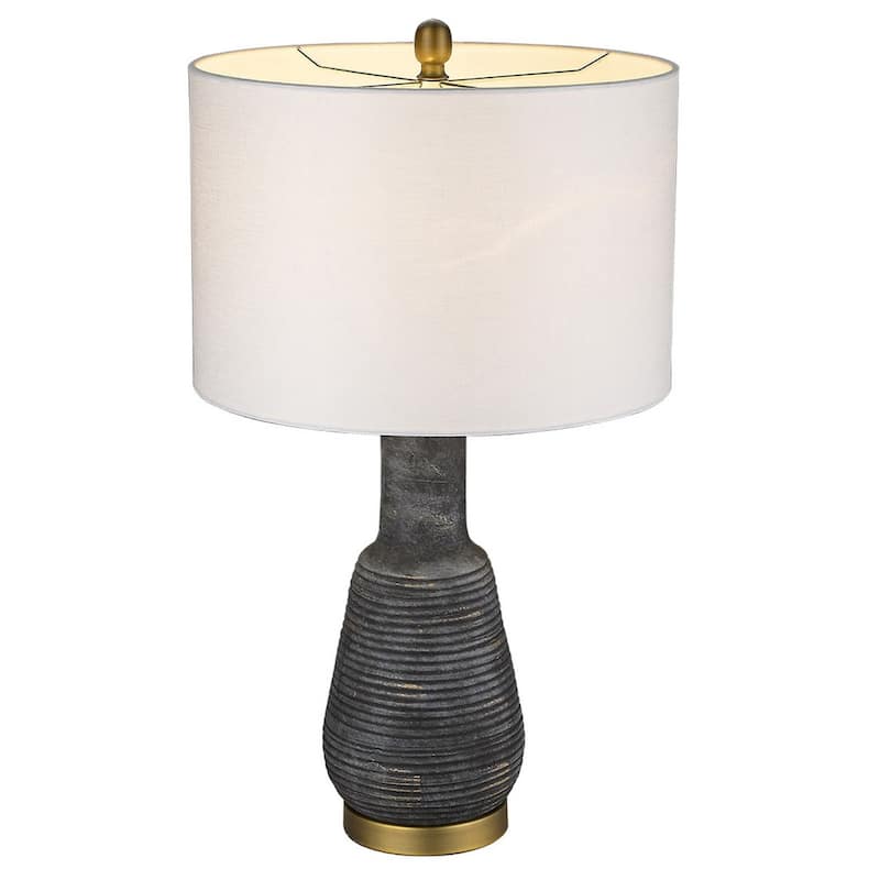 Distressed Black and Gold Ceramic Lamp with White Drum Shade - 15” x 15” x 25.75”