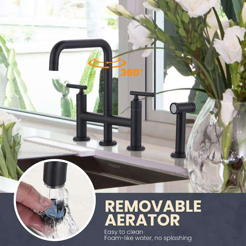 WOWOW Double Handle Bridge Kitchen Faucet with Side Sprayer