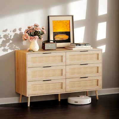 Oak 15MM P2 Density Board Solid Legs Real Rattan 47.2in 6-Drawer Cabinet