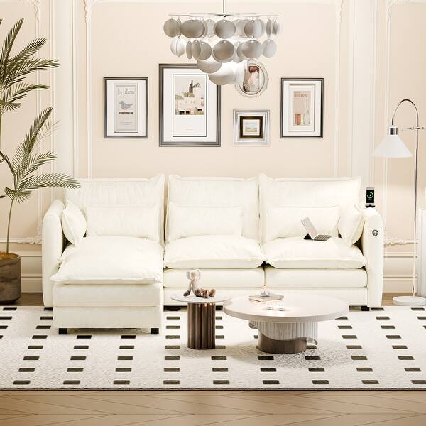 98" Sectional Sofa With Chaise & Ottoman - L-Shaped, Linen, Cup Holders, Modular Design For Living Room