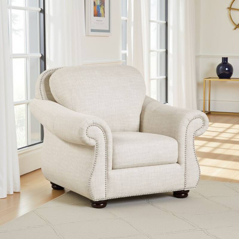 Boro 42 Inch Sofa Armchair, Soft Beige, Armrests w Nailhead Trims