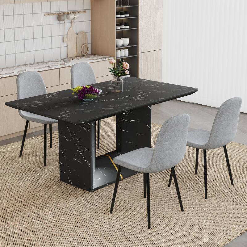 Modern Dining Table Set with Marble Pattern Top, O-Shaped Legs, Waterproof Cat Paw Leather Chairs, Non-Slip Feet