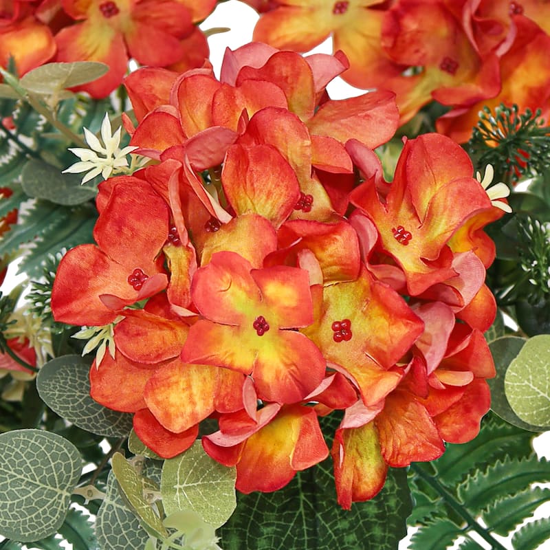 Set of 2 Red Orange Artificial Hydrangea Flower Stem Bush Bouquet 19in - 19" L x 12" W x 12" DP