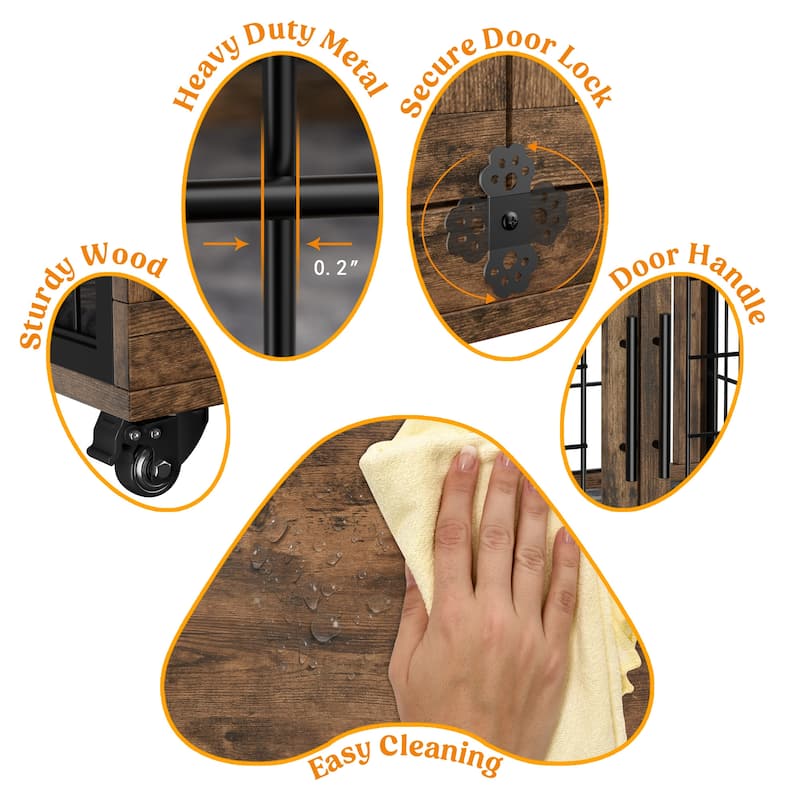 Dog Crate Indoor Heavy Duty Double Doors Wooden Dog Cage with Cushion