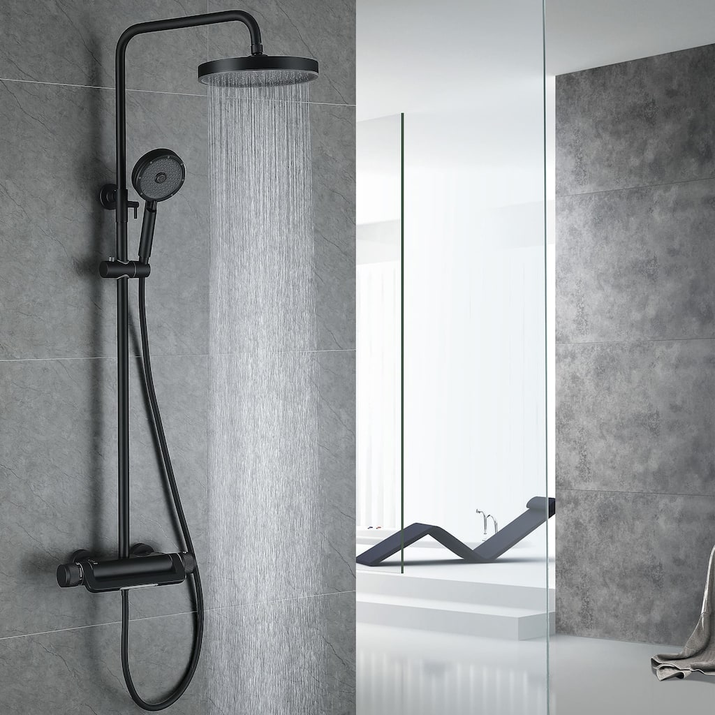 Exposed Pipe Thermostatic Tub Shower Faucet with Hand Shower Matte Balck 3-Setting Spray Complete Wall Mounted Shower System