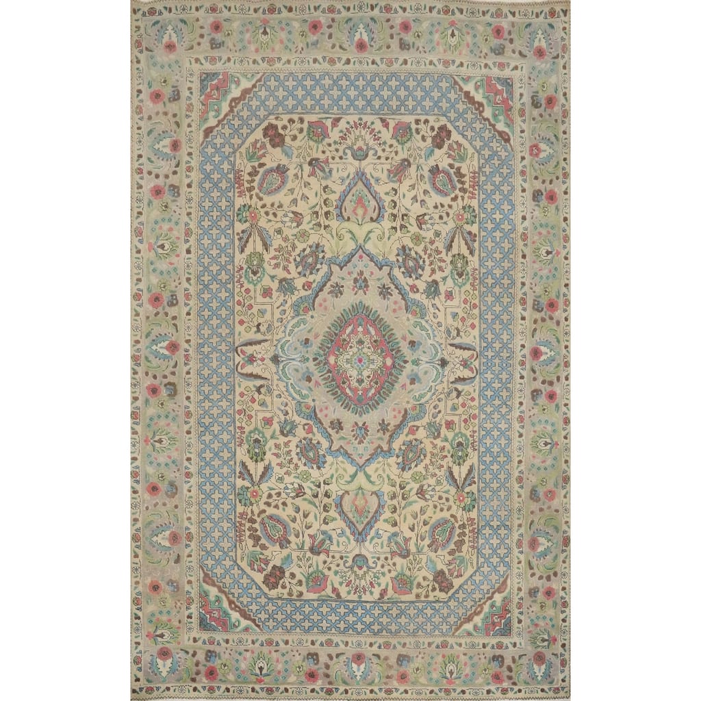 Hand Knotted Oriental 100% Wool Carpet Traditional Floral Beige & Ivories Tabriz Area Rug - 10' 3'' X 7' 1''