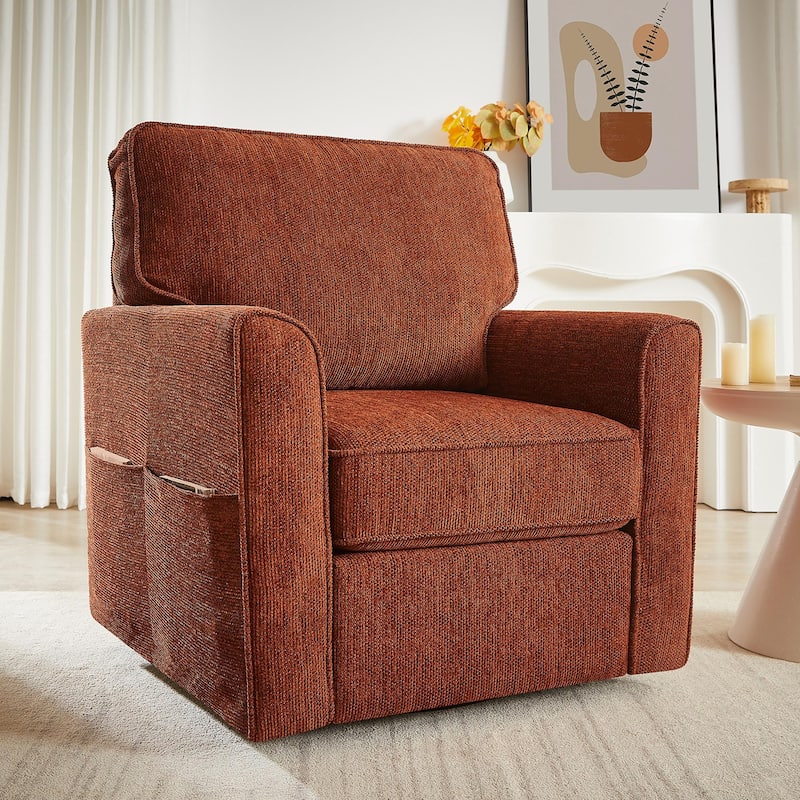 360-Degree Swivel Accent Chair w/Storage Pockets，Chenille Upholstery Barrel Accent Chair - Red