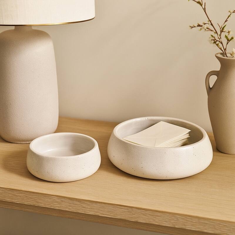 Decorative Round Crackle Terracotta Bowl - Set of 2 - 14", 10" - 14.0" - White